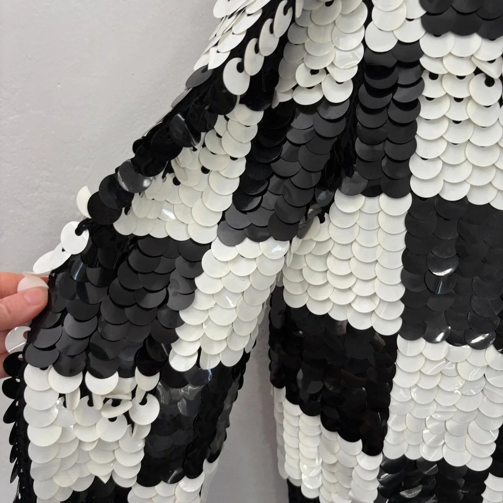 Vintage Sequin Sweater Women Size Small? Black White Checkered Hand Knit Wool - Picture 8 of 11